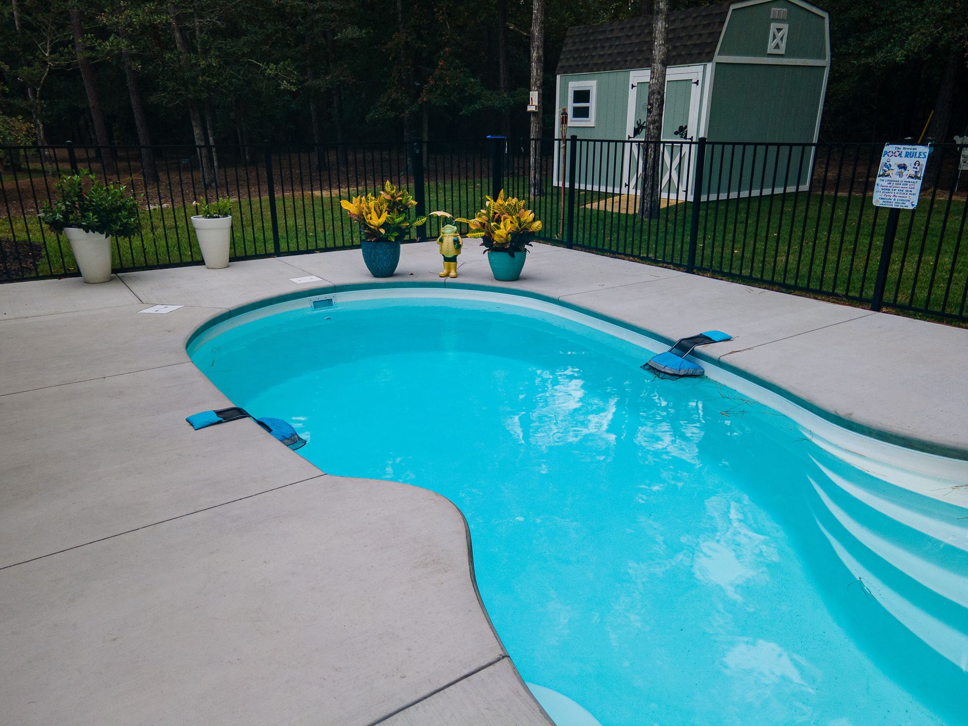 Backyard pool with blue water, concrete deck, potted flowers, and a green shed behind a black fence
