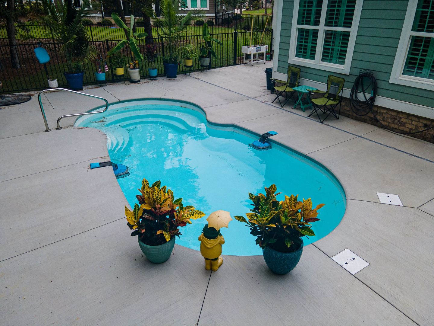 Backyard patio with a freeform turquoise swimming pool and three potted plants in front