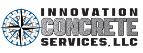 Innovation Concrete Services, LLC logo with compass graphic and bold black, gray, and blue text