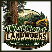West Coast Landworks logo with arborist, excavator, forest, and mountain backdrop; tree services and CA license.
