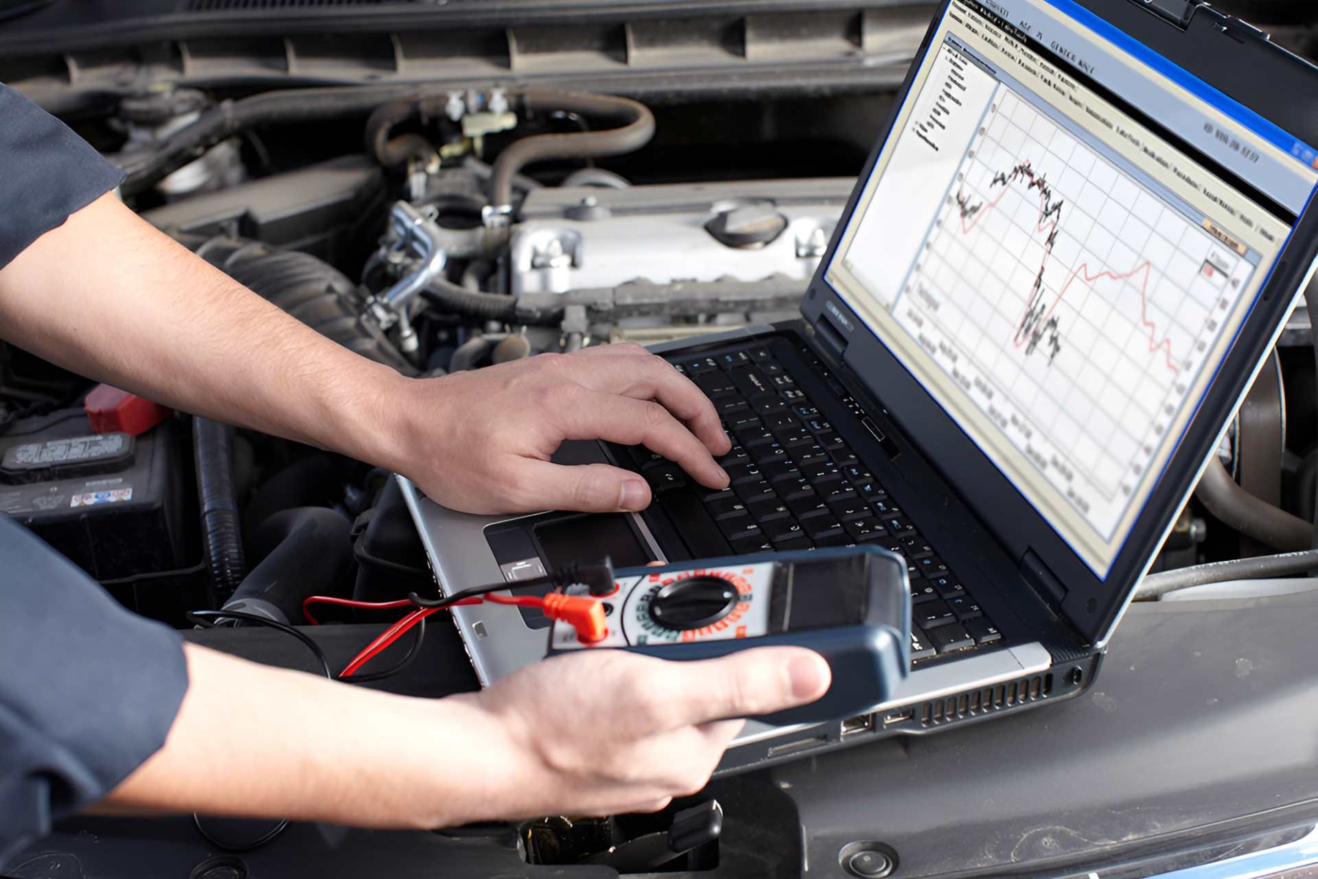 A Man is Working on a Laptop Computer Under the Hood of a Car — Fraser Mobile Auto Tech in Tolga, QLD
