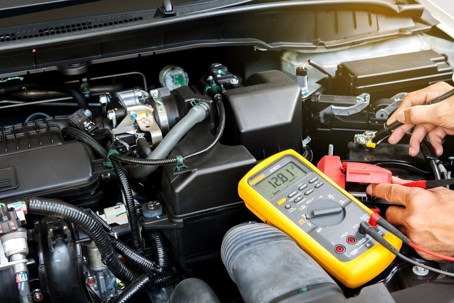 A Person is Using a Multimeter to Test a Car Battery — Fraser Mobile Auto Tech in Tolga, QLD