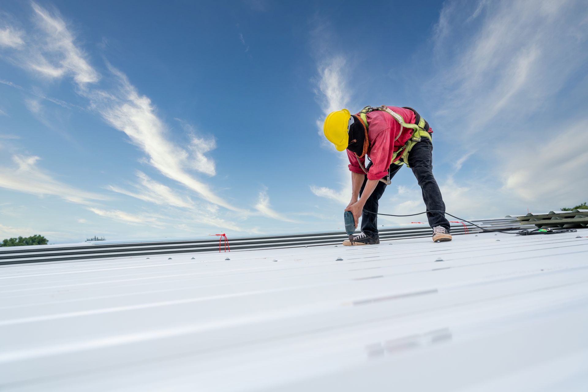 A roofer installing white metal roofing sheets A roofer installing white metal roofing sheets