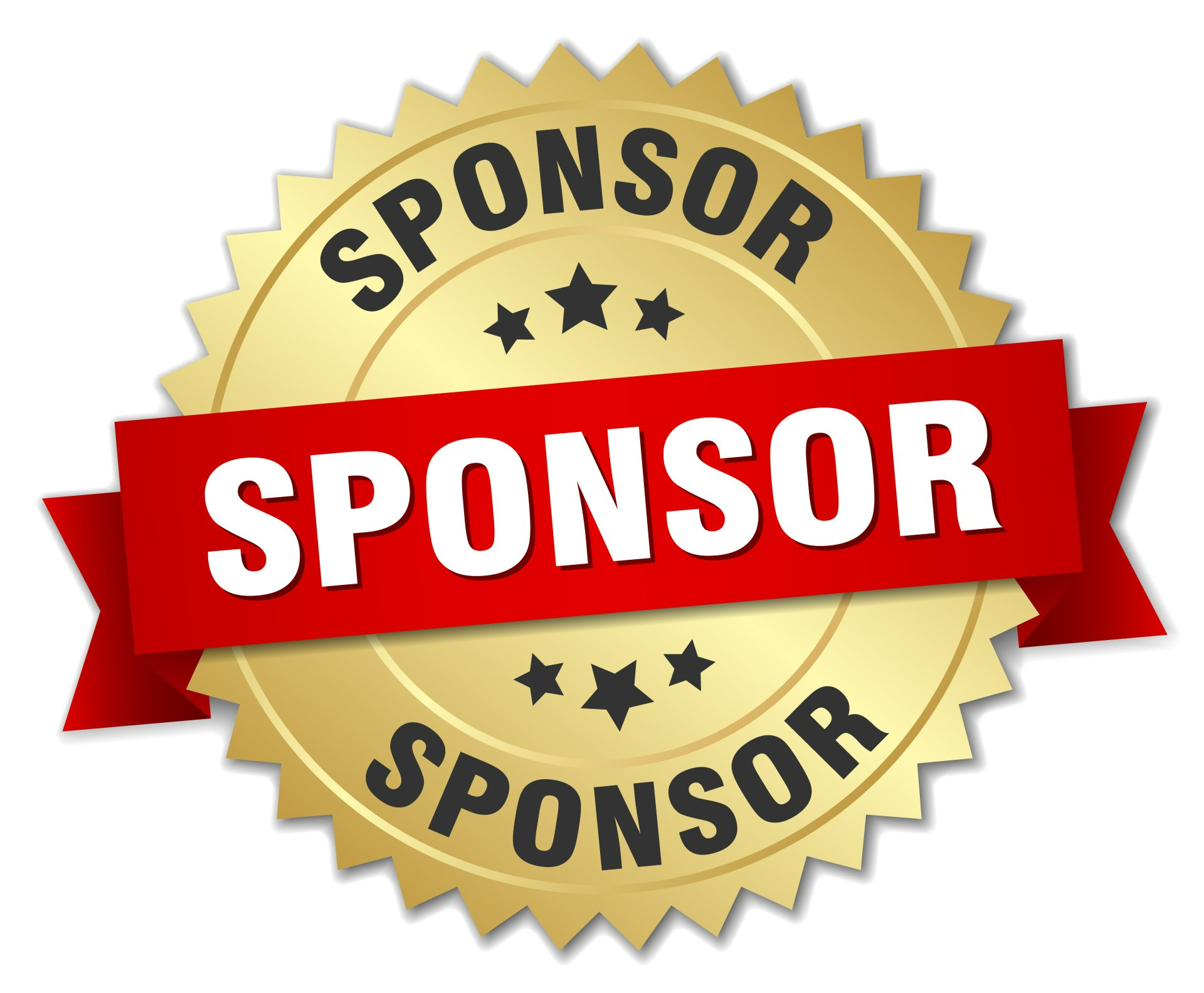 A gold sponsor badge with a red ribbon
