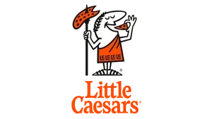 A little caesars logo with a man eating a pizza
