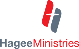 A logo for hagee ministries with a cross in the middle.