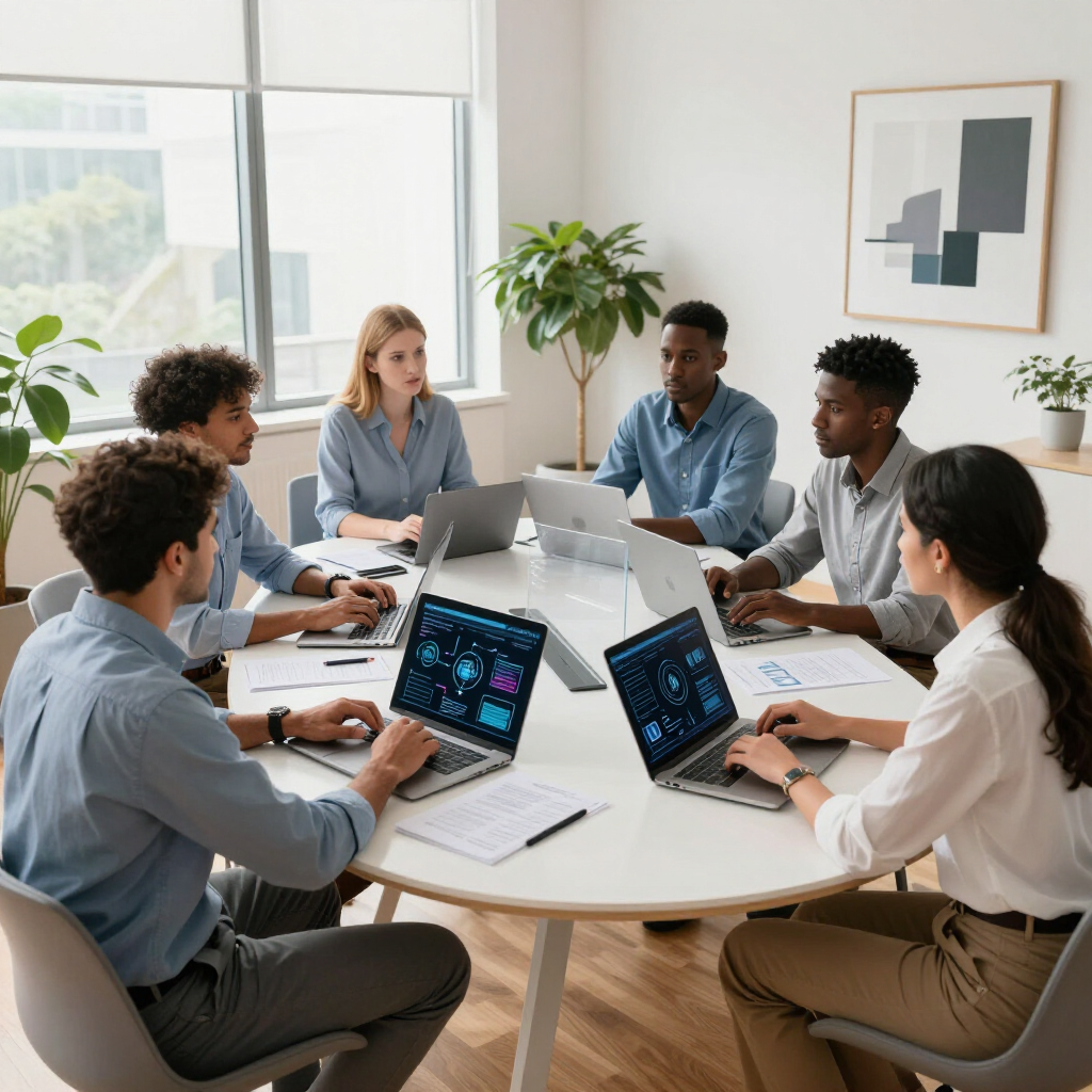 A team collaborates around a round table in a bright office, working on laptops with data dashboards visible on screens.