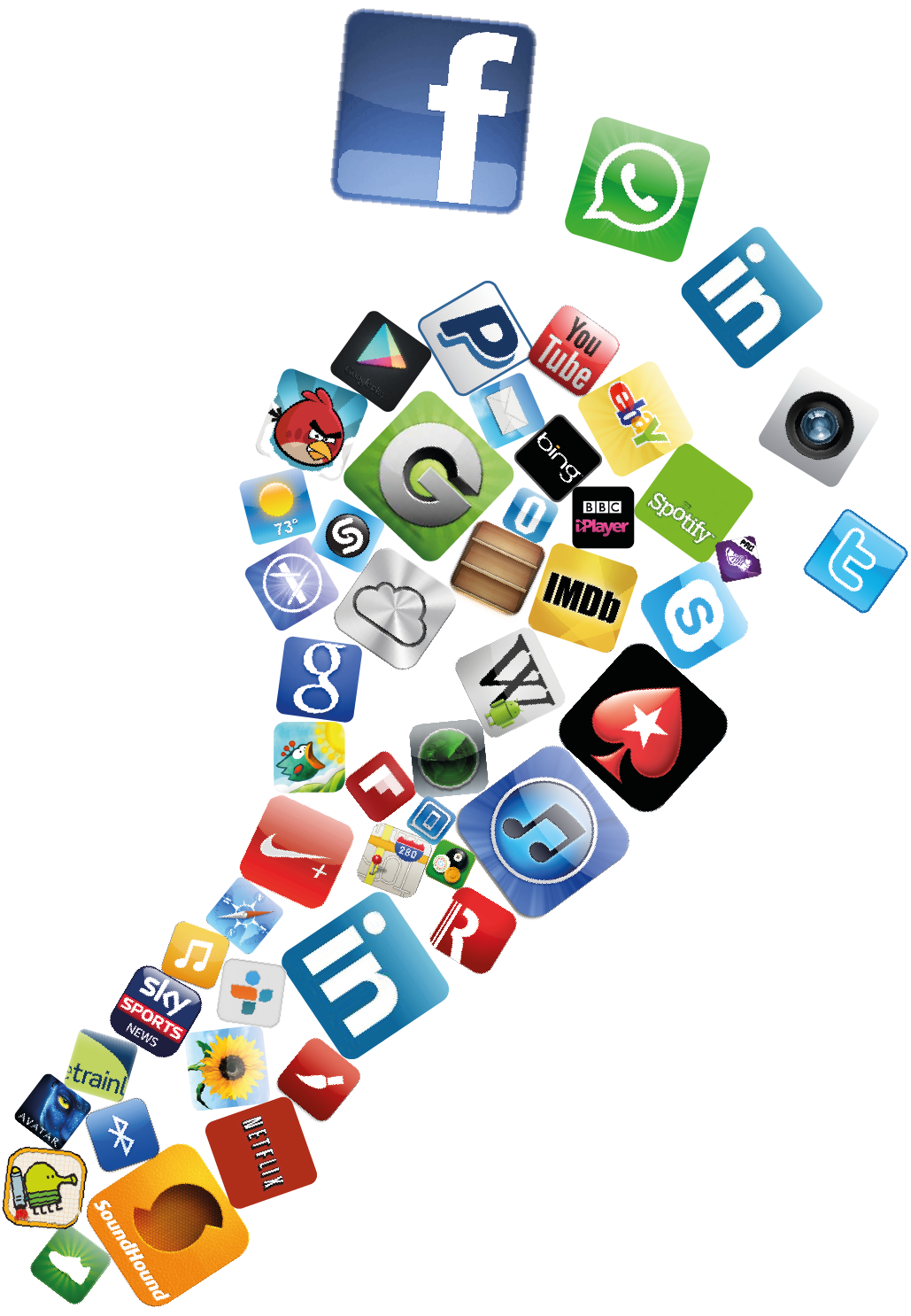 Social media icons arranged in a foot shape, Facebook icon at the top.