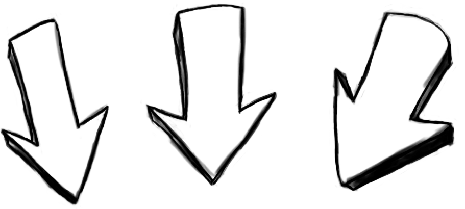 Three white downward-pointing arrows with black outlines.