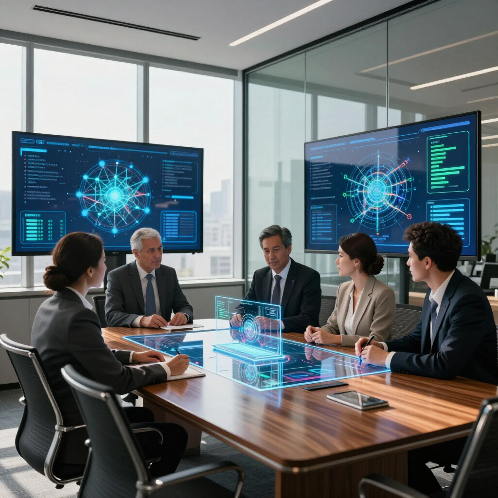 A team in a conference room discusses data visualizations displayed on large monitors and a glowing holographic table.