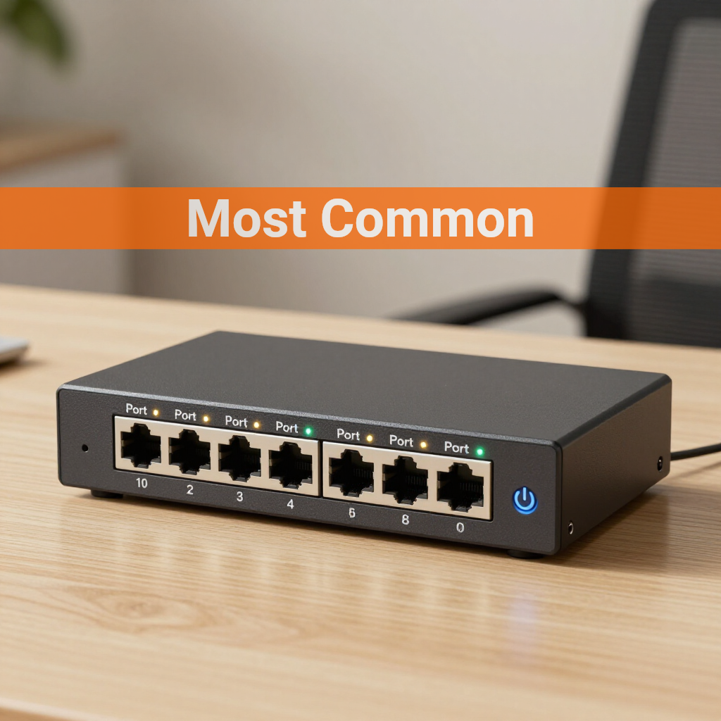 An 8-port black Ethernet network switch on a wooden desk, labeled 