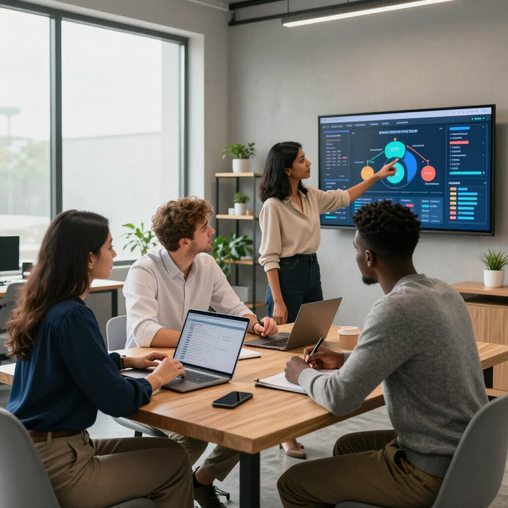 A team collaborates in an office as a presenter gestures toward a digital diagram displayed on a wall screen.