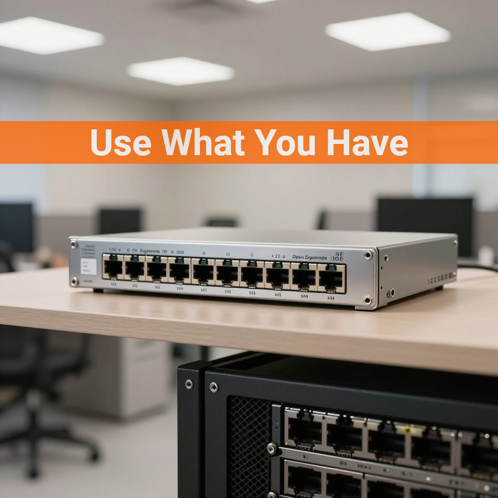 A metallic network switch sits on an office desk above a server rack, with the text 