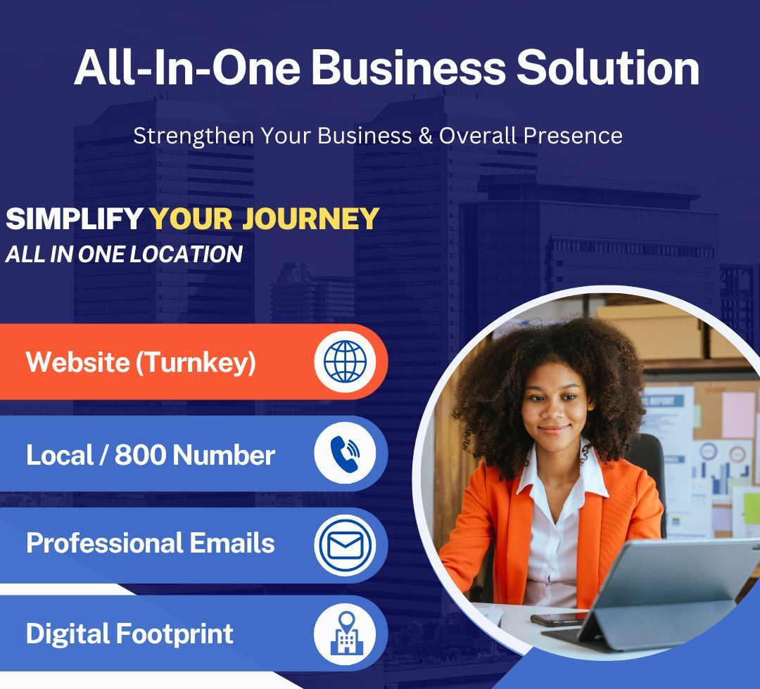 All-in-one business solution ad. Woman in orange jacket works on laptop, surrounded by icons: website, phone, email, digital footprint.