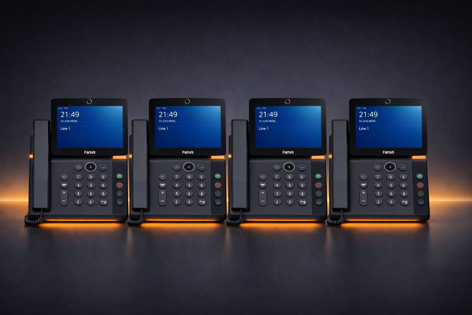 A telephone , a computer , a cell phone , and a headset are sitting next to each other.