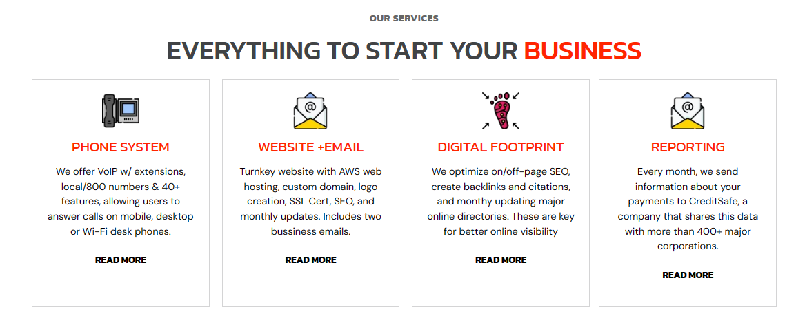 Webpage promoting resources for starting a business, with four different categories, each with an icon and brief description.