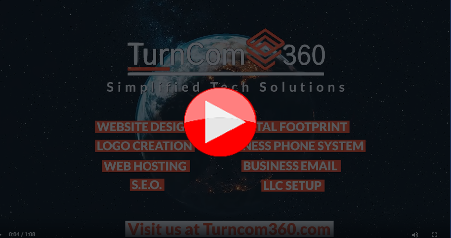A promotional image for TurnCom 360, featuring services like website design, SEO, and LLC setup.