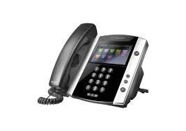 Black and silver office phone with a touchscreen display and keypad.