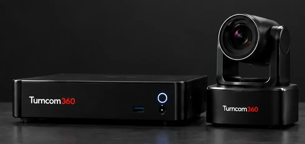 Black Turncom360 meeting appliance and PTZ camera