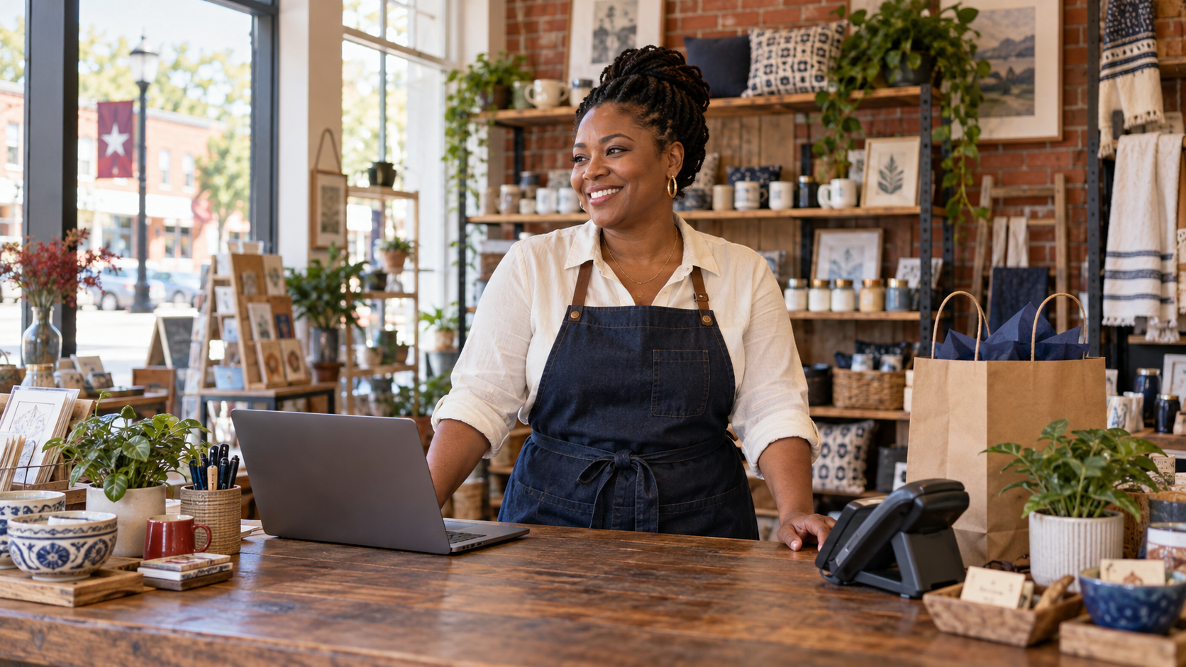 Illustrative small business owner behind the counter of a neighborhood home goods store