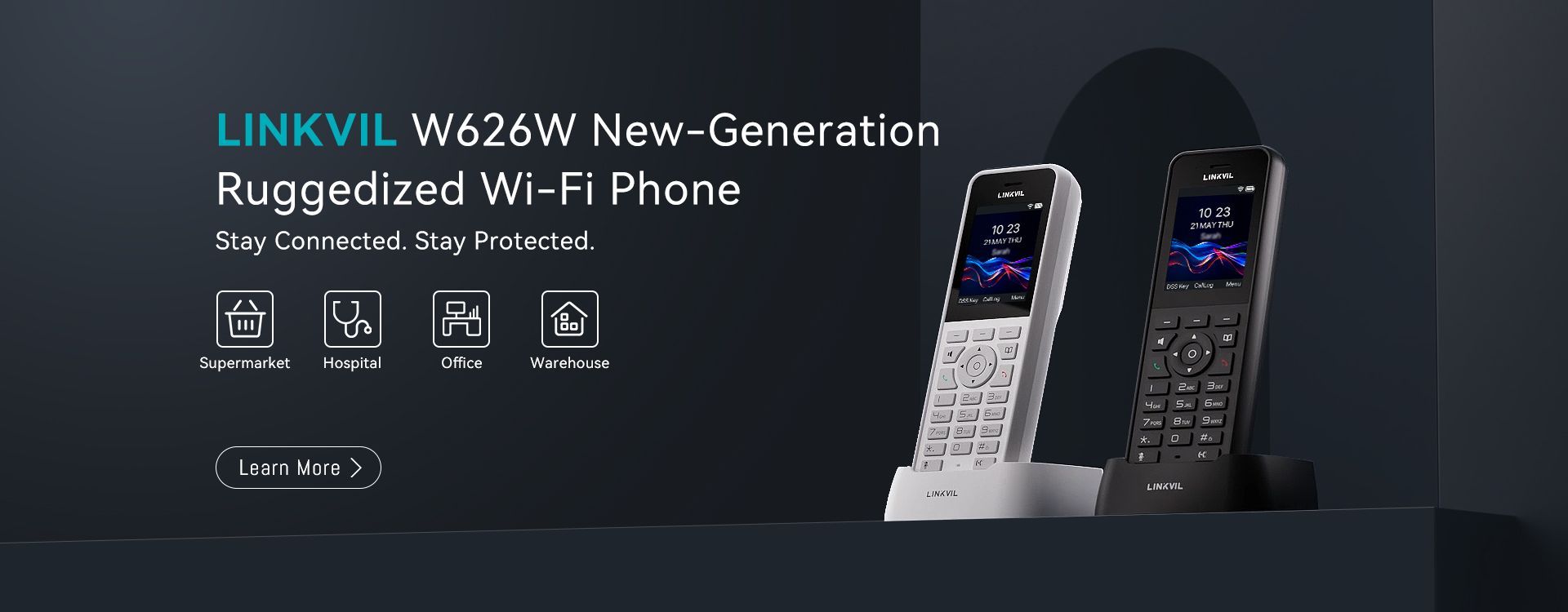 Black and white LINKVIL W626W wireless handsets in charging cradles