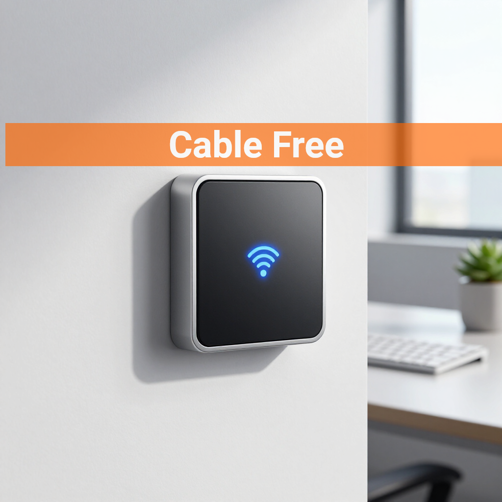 A square, silver-framed wall device with a black surface and a glowing blue Wi-Fi symbol, labeled 