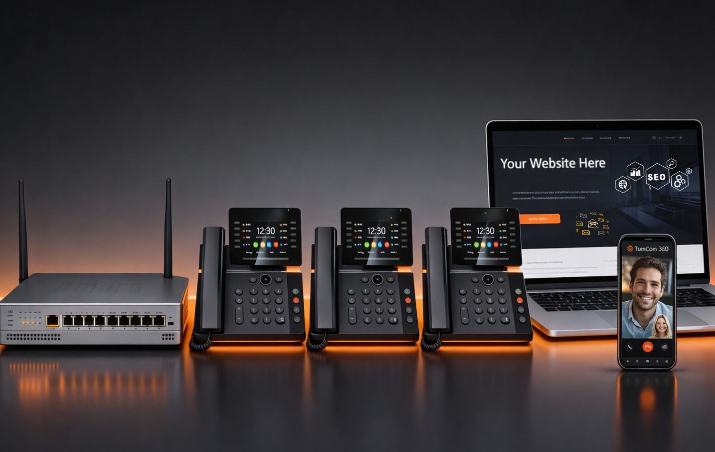 Office communication setup: VoIP phones, router, laptop with website, smartphone displaying video call.