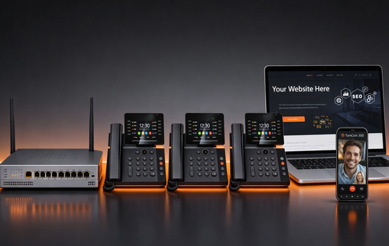 A network router, three VoIP desk phones, a laptop, and a smartphone displaying a video call on a dark gradient background.