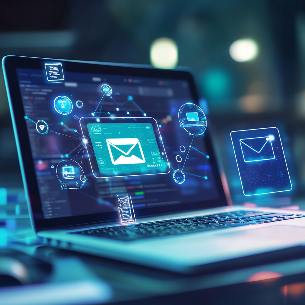 Laptop displaying email icons connected by digital lines; a futuristic, tech-focused setting.