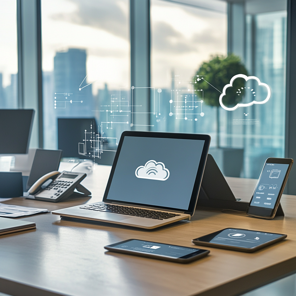 Office table with laptop, phone, and tablet displaying cloud icon, depicting cloud computing and data sharing.