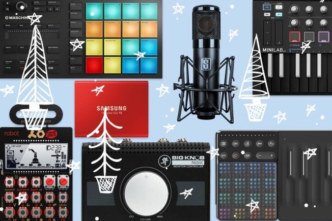A collage of electronic devices including a microphone