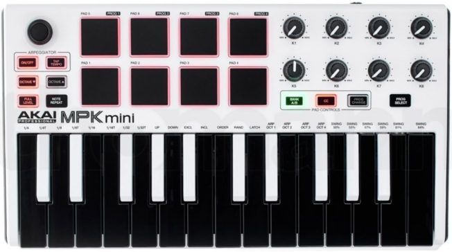 A white akai mpk mini keyboard with black keys
