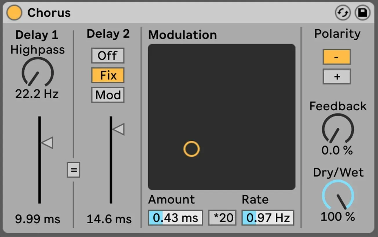 A computer screen shows a chorus delay 1 and delay 2