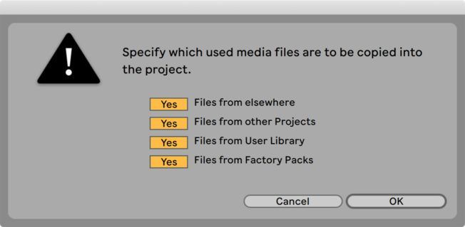 A computer screen says to specify which used media files are to be copied into the project