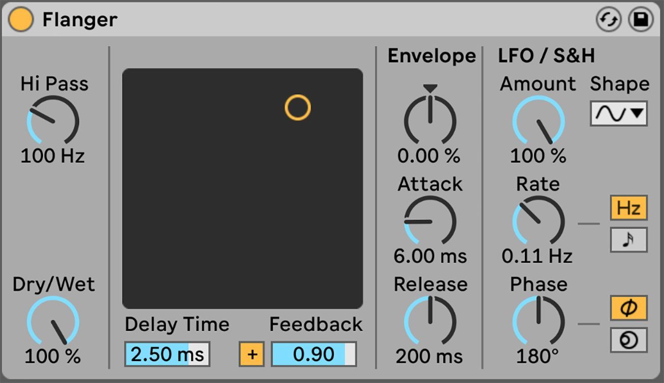 A computer screen shows a flanger envelope lfo / s & h amount shape and delay time