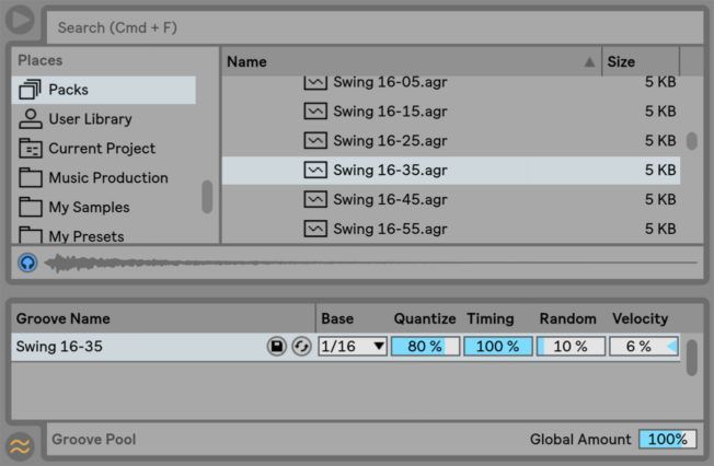 A computer screen shows a list of swing 16-35 samples