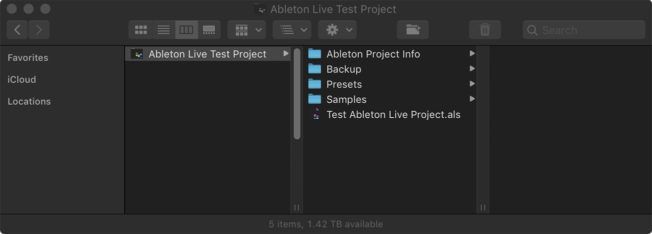 A screenshot of a computer screen showing a folder called ableton live test project