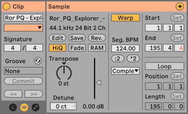 A screenshot of a program called clip sample and warp