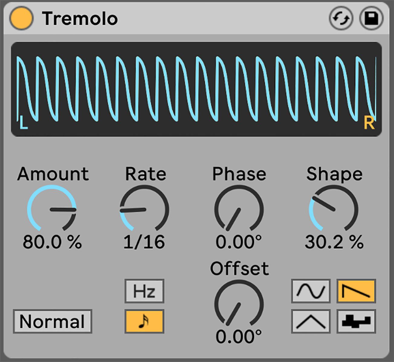 A computer screen shows a tremelo wave with amount rate phase and shape controls