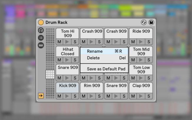 A computer screen shows a drum rack with various drum pads