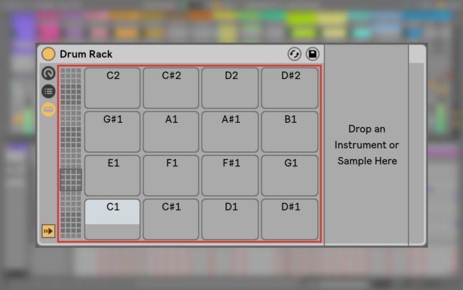 A computer screen shows a drum rack where you can drop an instrument or sample here