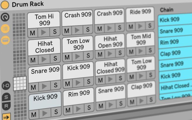 A screen shot of a drum rack with a list of drum tracks