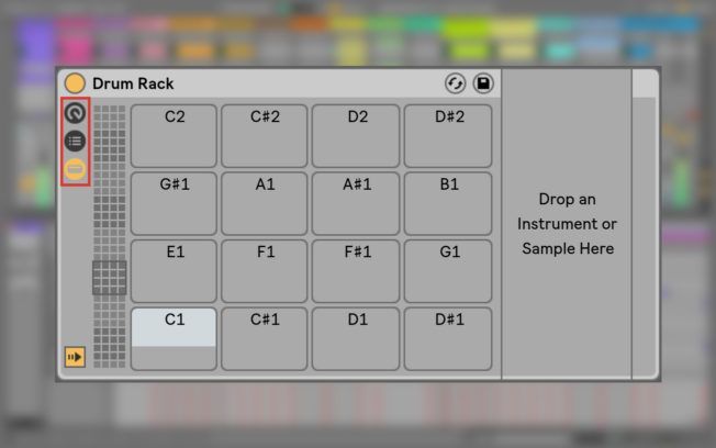A computer screen shows a drum rack where you can drop an instrument or sample here