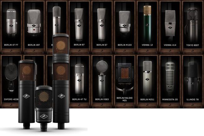 A bunch of microphones are lined up in boxes