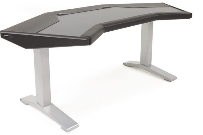 A black and silver desk with a curved top