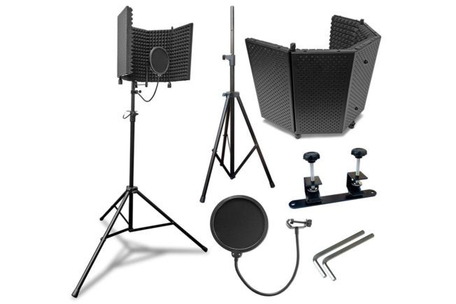 A microphone stand with a pop filter attached to it