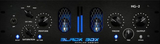 A black box amplifier with blue lights on it