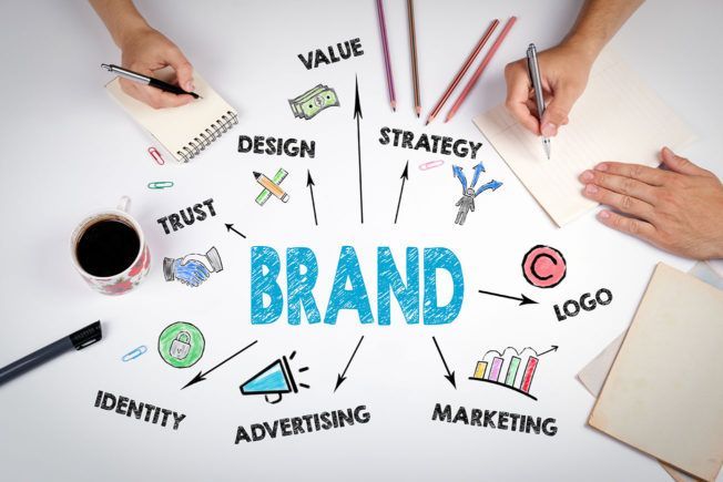 Two people are sitting at a table with the word brand written on it