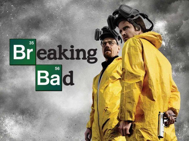 A poster for breaking bad with two men in yellow suits