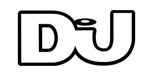 A black and white drawing of the word dj on a white background.